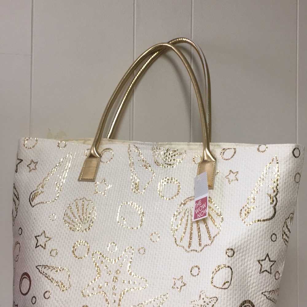 Light Weight Gold Sea Shell Beach Bag Tote 14 inch